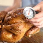 Cooked Chicken with Thermometer checking the temperature